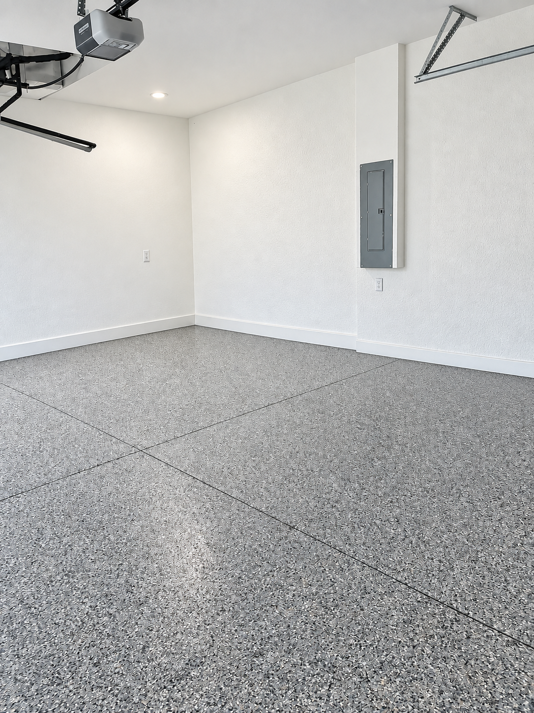 Second angle of the completed gray flake garage floor