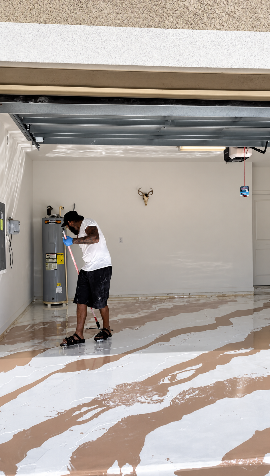 Exotic Resin installer creating the champagne metallic epoxy pattern